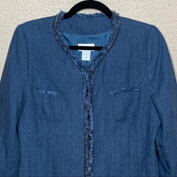 Soft Surroundings Womens M Blazer Jacket Blue 100% Linen Chain Trim Frayed Edge - Picture 3 of 9